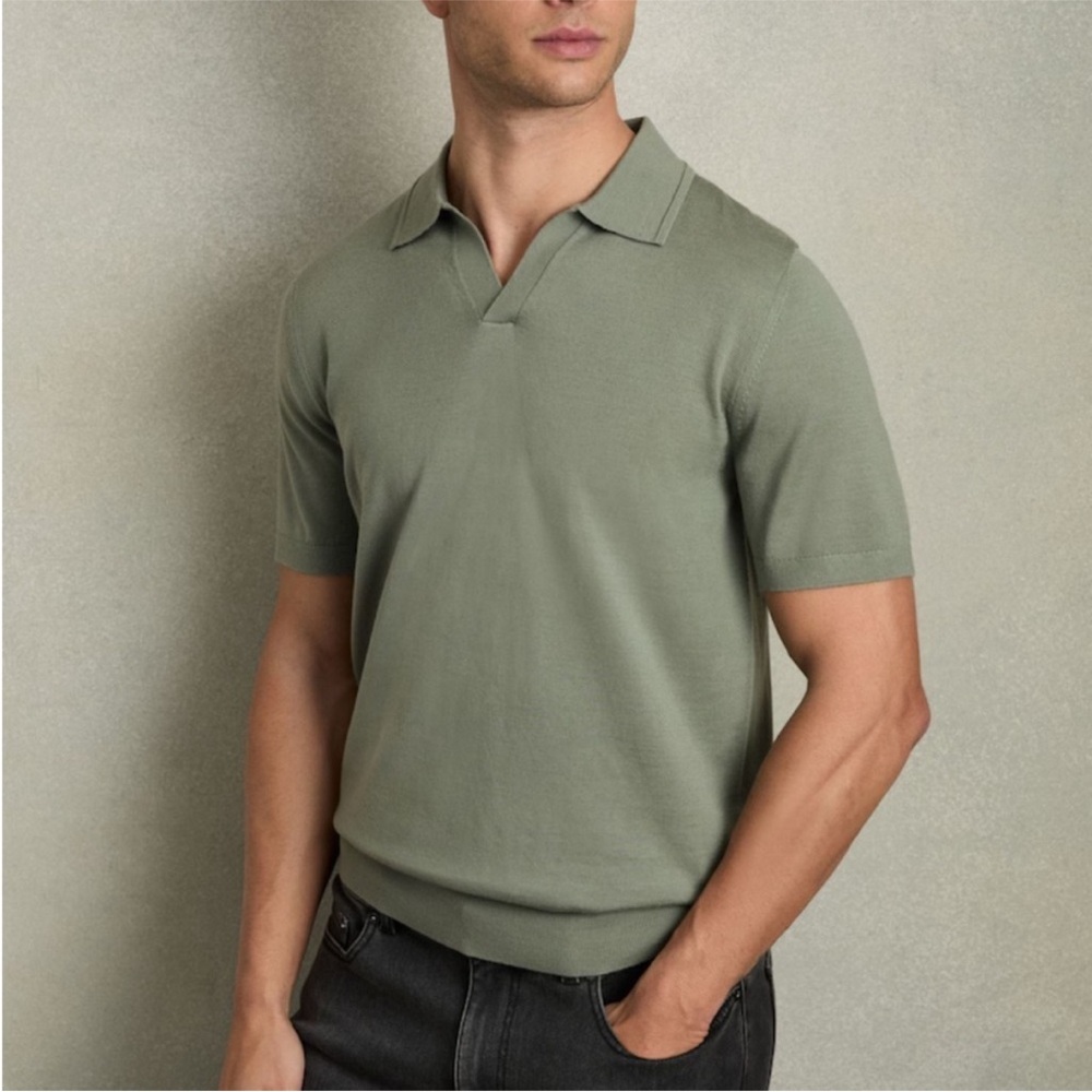 Reiss Duchie Merino Wool Open-Collar Polo Shirt Size Large $145